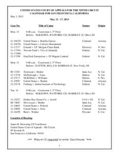 UNITED STATES COURT OF APPEALS FOR THE NINTH CIRCUIT CALENDAR FOR SAN FRANCISCO, CALIFORNIA May 3, 2013