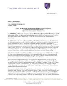 NEWS RELEASE FOR IMMEDIATE RELEASE October 11, 2011 JOHN MCDONALD PROMOTED TO ASSOCIATE VICE PRESIDENT & CHIEF INFORMATION OFFICER FOR