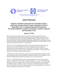 Joint Statement Issued by National Grain and Feed Association (NGFA) and North American Export Grain Association (NAEGA) Regarding Letter to Syngenta Requesting Suspension of Commercialization Activities of Syngenta’s 