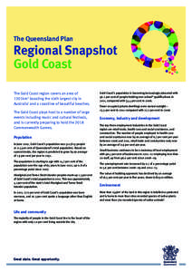 The Queensland Plan  Regional Snapshot Gold Coast The Gold Coast region covers an area of 1301km2 boasting the sixth largest city in