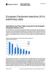 Elections[removed]European Parliament elections 2014, preliminary data Left Alliance and Finns Party successful in the European Parliament elections 2014