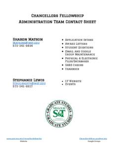 Chancellors Fellowship Administration Team Contact Sheet Sharon Matson