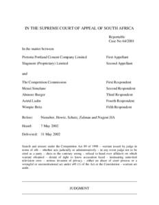 IN THE SUPREME COURT OF APPEAL OF SOUTH AFRICA Reportable Case No[removed]In the matter between Pretoria Portland Cement Company Limited