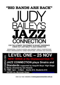 LEVEL ONE – 25 NOV NEW VENUE at the Chatswood Club !!!! JAZZ CONNECTION plays Sinatra and Standards supported by Asquith Boys’ High Stage Band, directed by Iain Howick