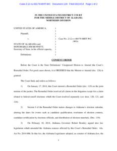 Case 2:12-cv[removed]MHT-WC Document 128 Filed[removed]Page 1 of 2  IN THE UNITED STATES DISTRICT COURT FOR THE MIDDLE DISTRICT OF ALABAMA NORTHERN DIVISION