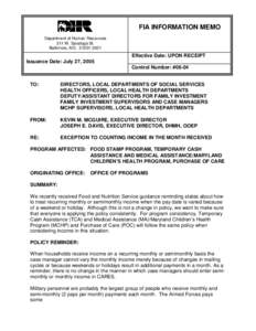 FIA INFORMATION MEMO Department of Human Resources 311 W. Saratoga St. Baltimore, MD[removed]Issuance Date: July 27, 2005
