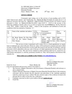 No. EDN-HE(1)B[removed]ST Directorate of Higher Education Himachal Pradesh, Dated: Shimla[removed], the  29th Sept. 2012