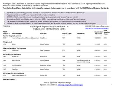 Washington State Department of Agriculture Organic Program has reviewed and registered input materials for use in organic production that are distributed, manufactured, or repacked by the below companies. Refer to the Br