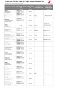 FITNESS FIRST EASTER & ANZAC DAY PUBLIC HOLIDAY CALENDAR 2015 *PLEASE NOTE ALL PLAY ZONES ARE CLOSED ON PUBLIC HOLIDAYS NSW CLUBS & ADDRESS  IF CLUB CLOSED