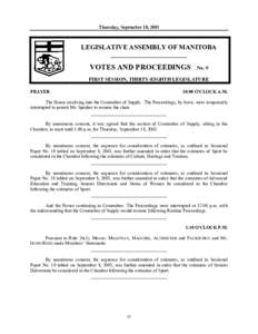 Thursday, September 18, 2003  LEGISLATIVE ASSEMBLY OF MANITOBA __________________________  VOTES AND PROCEEDINGS