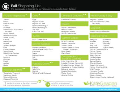 Fall Shopping List this shopping list is designed for my Fall seasonal menu in Go Green Get Lean Fruits & Vegetables Tomato Onion