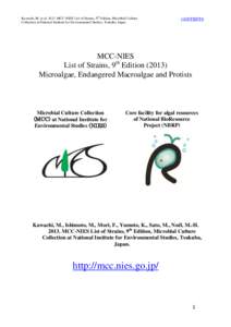 Kawachi, M. et al[removed]MCC-NIES List of Strains, 9th Edition, Microbial Culture Collection at National Institute for Environmental Studies, Tsukuba, Japan. CONTENTS  MCC-NIES