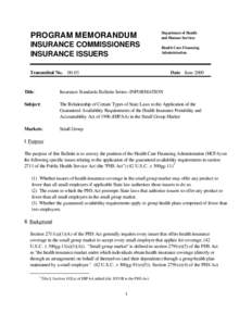 PROGRAM MEMORANDUM  Department of Health and Human Services  INSURANCE COMMISSIONERS