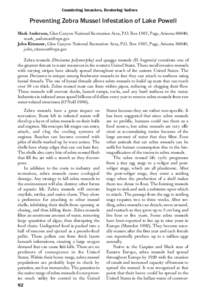 Countering Invasives, Restoring Natives  Preventing Zebra Mussel Infestation of Lake Powell Mark Anderson, Glen Canyon National Recreation Area, P.O. Box 1507, Page, Arizona 86040; [removed] John Ritenour, Gl