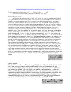 Southern Campaigns American Revolution Pension Statements and Rosters Pension Application of Jacob Allen R111 Elizabeth Allen MD Transcribed and annotated by C. Leon Harris. Revised 3 Dec[removed]State of Delaware, to wit;