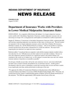 INDIANA DEPARTMENT OF INSURANCE  NEWS RELEASE FOR RELEASE August 14, 2013