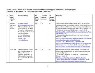 Partial List of Cronies Who Provide Political and Financial Support for Burma’s Ruling Regime; Prepared by Aung Din, U.S. Campaign for Burma, June 2011 No. Name