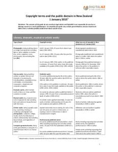 Copyright terms and the public domain in New Zealand 1 January[removed]Disclaimer: The contents of this guide do not constitute legal advice and DigitalNZ is not responsible for any loss or damage caused as a result of fol