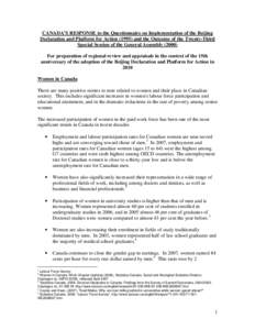 CANADA’S RESPONSE to the Questionnaire on Implementation of the Beijing Declaration and Platform for Action[removed]and the Outcome of the Twenty-Third Special Session of the General Assembly[removed]For preparation of r