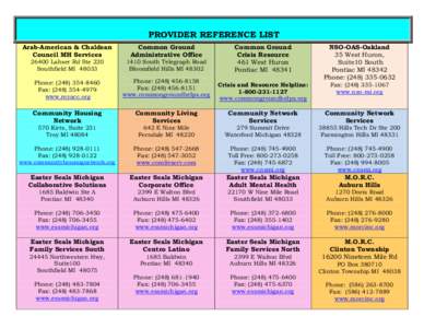 PROVIDER REFERENCE LIST Arab-American & Chaldean Council MH Services Common Ground Administrative Office