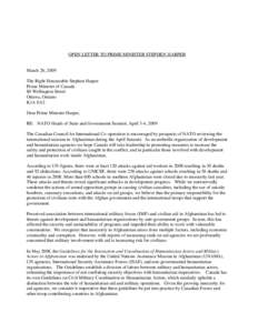 OPEN LETTER TO PRIME MINISTER STEPHEN HARPER  March 26, 2009 The Right Honourable Stephen Harper Prime Minister of Canada 80 Wellington Street