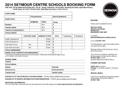2014 SEYMOUR CENTRE SCHOOLS BOOKING FORM USE FOR: The Incredible Book Eating Boy, The 26 – Storey Treehouse, The Gruffalo, Squaring the Wheel, Djuki Mala Primary, Twelfth Night, All’s Well That Ends Well, Djuki Mala 