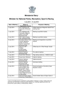 Ministerial Diary: Minister for National Parks, Recreation, Sport and Racing