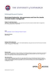 Edinburgh Research Explorer Illuminated leadership, wise governance and how the Jesuits invented modern management Citation for published version: Quattrone, P, Illuminated leadership, wise governance and how the Jesuits