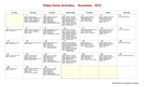 Wales Home Activities, Sunday Monday  1