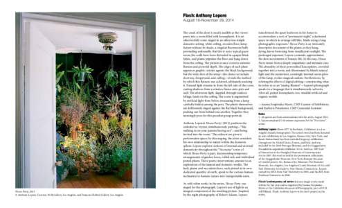Flash: Anthony Lepore  August 16–November 29, 2014 The creak of the door is nearly audible as the viewer peers into a room filled with houseplants. It is an otherworldly scene staged in an otherwise simple