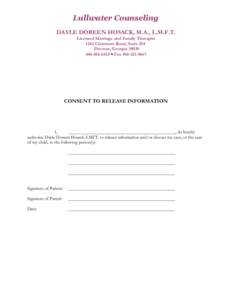 Lullwater Counseling DAYLE DOREEN HOSACK, M.A., L.M.F.T. Licensed Marriage and Family Therapist 1244 Clairmont Road, Suite 204 Decatur, Georgia6535 • Fax