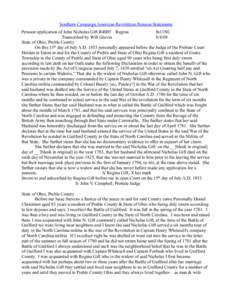 Southern Campaign American Revolution Pension Statements Pension application of John Nicholas Gift R4005 Regina fn11NC Transcribed by Will Graves[removed]State of Ohio, Preble County