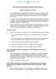 PRIVATE MOTOR INSURANCE MARKET INVESTIGATION Update to statement of issues 1. On 12 December 2012, we published our statement of issues, the purpose of which was to assist those submitting evidence to focus on the issues