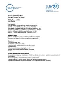 Onondaga Community College Start-Up NY Campus Plan Summary Building Space Available None proposed Land Available Five sites totaling ~70 acres of vacant, generally unimproved land: