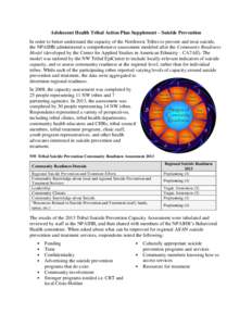 Adolescent Health Tribal Action Plan Supplement – Suicide Prevention In order to better understand the capacity of the Northwest Tribes to prevent and treat suicide, the NPAIHB administered a comprehensive assessment m