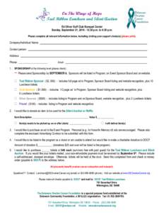 On The Wings of Hope Teal Ribbon Luncheon and Silent Auction Ed Oliver Golf Club Banquet Center Sunday, September 21, [removed]:30 p.m. to 4:30 p.m. Please complete all relevant information below, including circling your