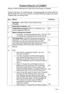 Rutland Branch of CAMRA Minutes of Branch Meeting held 10 April 2014 at the Plough Inn Caldicott Present: 9 Members (7% of Membership) Des Burgesss(DB) John Wood (JWD) Ian Bain(IB) Dave Lewin (DL) Paul Lucas (PL) Ian Woo