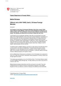 Official visit of Mr YANG Jiechi, Chinese Foreign Minister - Federal Department of Foreign Affairs - Media Release - May 5, 2011