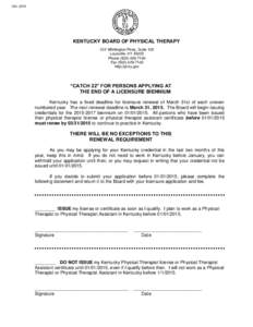Oct[removed]KENTUCKY BOARD OF PHYSICAL THERAPY 312 Whittington Pkwy, Suite 102 Louisville, KY[removed]Phone[removed]