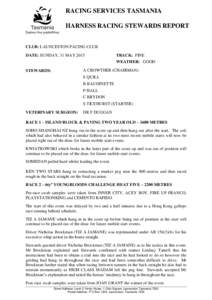 RACING SERVICES TASMANIA HARNESS RACING STEWARDS REPORT CLUB: LAUNCESTON PACING CLUB DATE: SUNDAY, 31 MAYTRACK: FINE