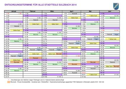 ENTSORGUNGSTERMINE FÜR ALLE STADTTEILE SULZBACH 2014 Januar 1 Mi 2 Do  Februar