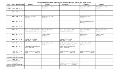 UNIVERSITY OF GEORGIA SCHOOL OF LAW - CLASS SCHEDULE - SPRING 2014, August 29, 2013 TIME BLDG#  RM# RM LTR
