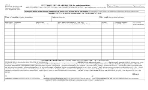 AW2-10 Prescribed by Secretary of State Sections[removed], [removed], Texas Election Code[removed]PETITION IN LIEU OF A FILING FEE (for write-in candidate)