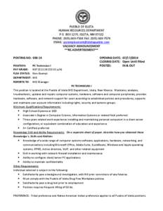 PUEBLO OF ISLETA HUMAN RESOURCES DEPARTMENT P.O. BOX 1270, ISLETA, NM[removed]PHONE: ([removed]FAX: ([removed]EMAIL: [removed] VACANCY ANNOUNCEMENT