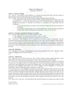 T RIBAL S EAL O RDINANCE Ordinance # [removed]Article I. Purpose; Findings[removed]Purpose. The purpose of this Ordinance is to identify the Tribal Seal of the Little River Band of Ottawa Indians and to set forth authoriz