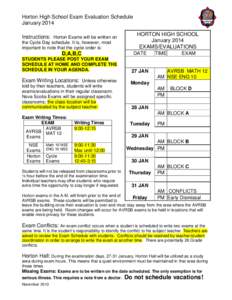 Horton High School Exam Evaluation Schedule January 2014 Instructions: Horton Exams will be written on the Cycle Day schedule. It is, however, most important to note that the cycle order is: