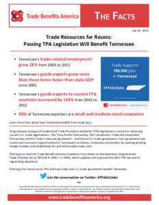  July	
  30,	
  2014	
    Trade	
  Resources	
  for	
  Recess:	
  	
   Passing	
  TPA	
  Legislation	
  Will	
  Benefit	
  Tennessee	
    	
  