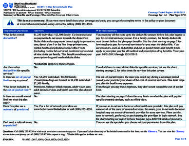 BCBSVT Blue Rewards Gold Plan $20 PCP / $30 Specialist co-payment, $1,250 / $2,500 Deductible Pharmacy: $5 co-payment / 40% co-insurance / 60% co-insurance Summary of Benefits and Coverage: What this Plan Covers & What i