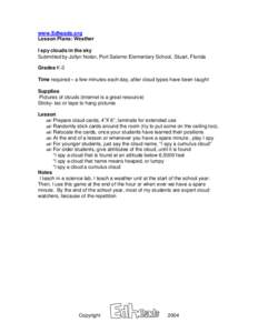 www.Edheads.org Lesson Plans: Weather I spy clouds in the sky Submitted by Jollyn Nolan, Port Salerno Elementary School, Stuart, Florida Grades K-3 Time required – a few minutes each day, after cloud types have been ta