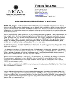 PRESS RELEASE Contact: Nicole Adams Work: ([removed]Mobile: ([removed]Email: [removed] www.nicwa.org